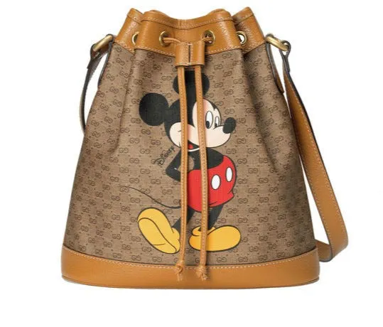 GUCCI GG Disney X Mickey Mouse Print Bucket Leather Tan Brown Italy Bag Mini NEW