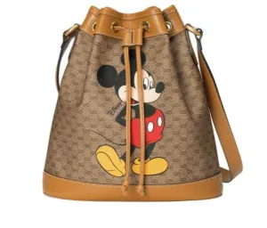 GUCCI GG Disney X Mickey Mouse Print Bucket Leather Tan Brown Italy Bag Mini NEW