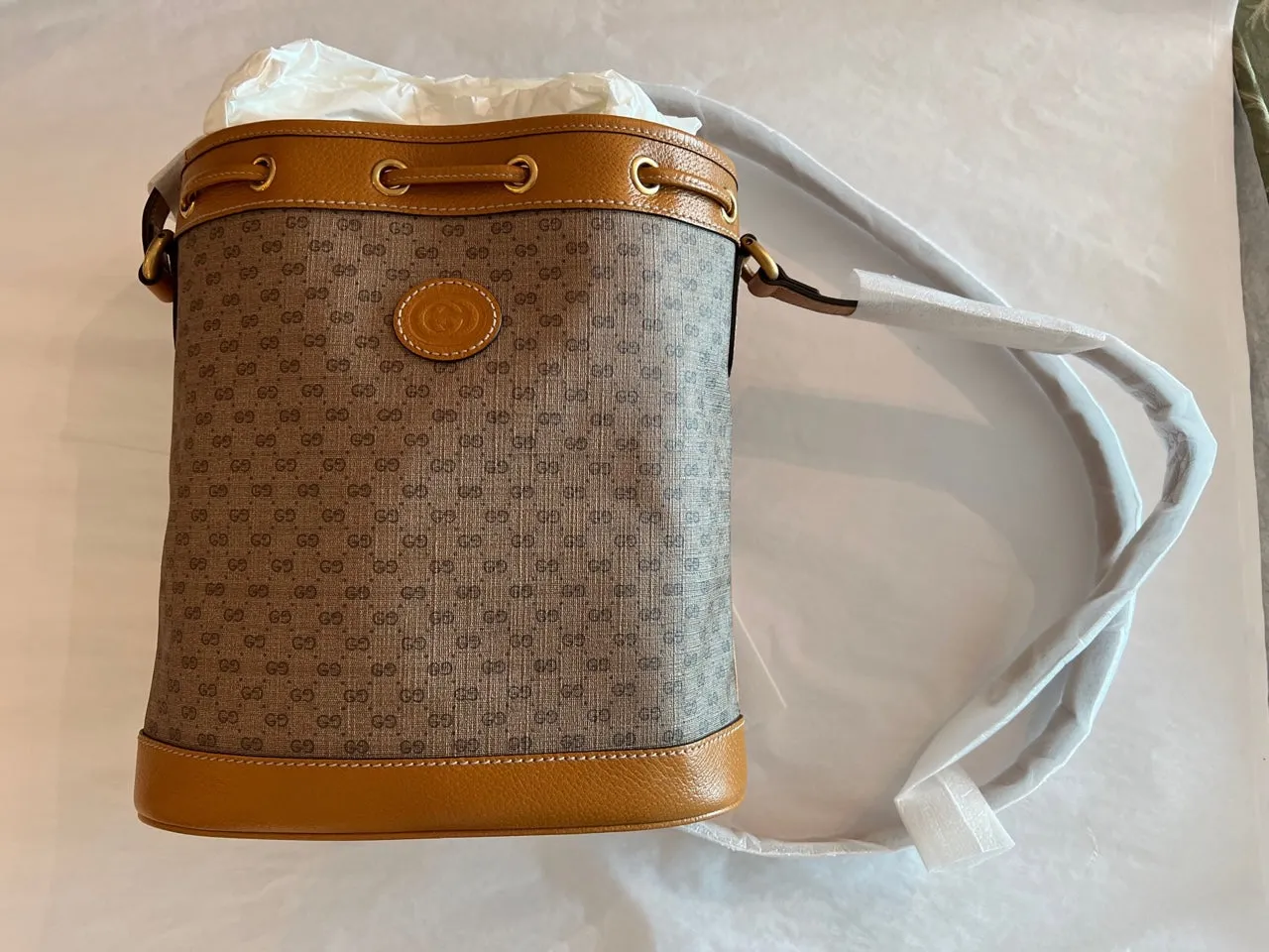 GUCCI GG Disney X Mickey Mouse Print Bucket Leather Tan Brown Italy Bag Mini NEW
