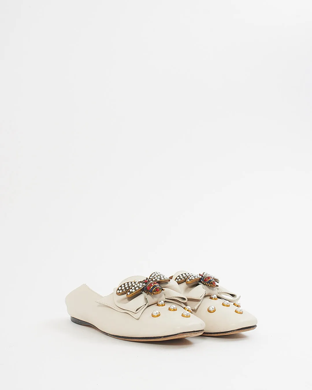 Gucci White Pearl & Bee Studded Slip On Loafers - 36