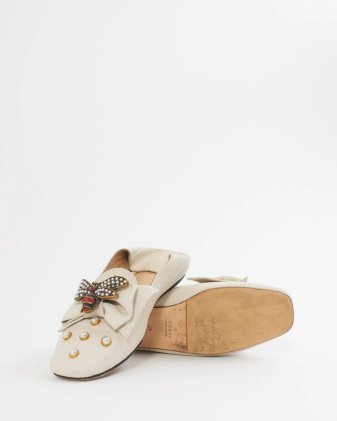 Gucci White Pearl & Bee Studded Slip On Loafers - 36