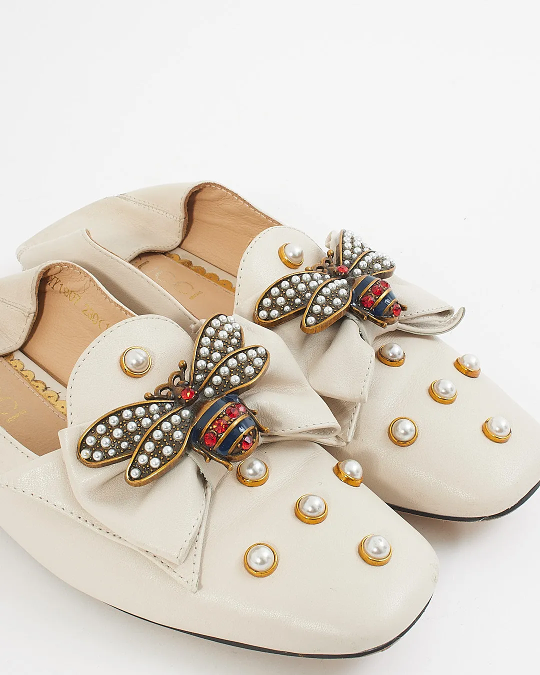 Gucci White Pearl & Bee Studded Slip On Loafers - 36