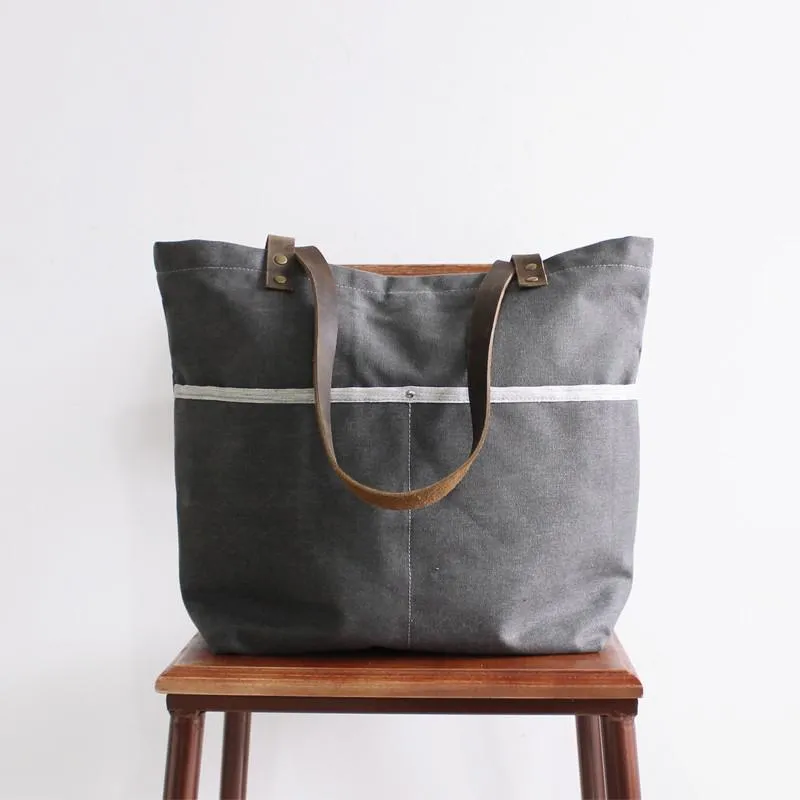 Handmade Canvas Tote Bag, Shoulder Bag With Leather Handle, School Bag