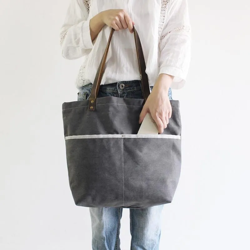 Handmade Canvas Tote Bag, Shoulder Bag With Leather Handle, School Bag
