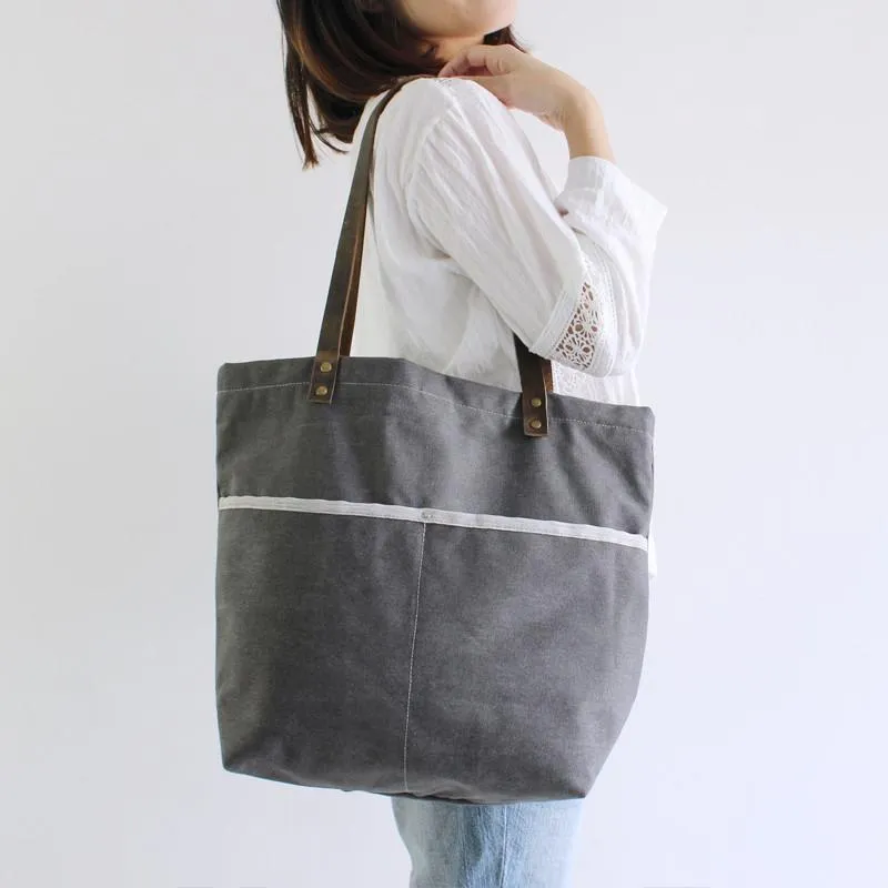 Handmade Canvas Tote Bag, Shoulder Bag With Leather Handle, School Bag