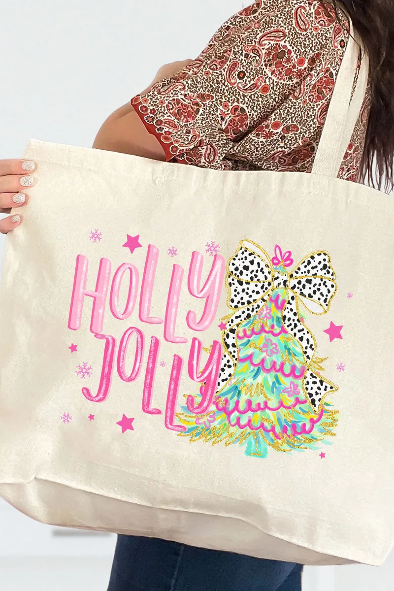 Holly Jolly Christmas Tree Canvas Jumbo Tote