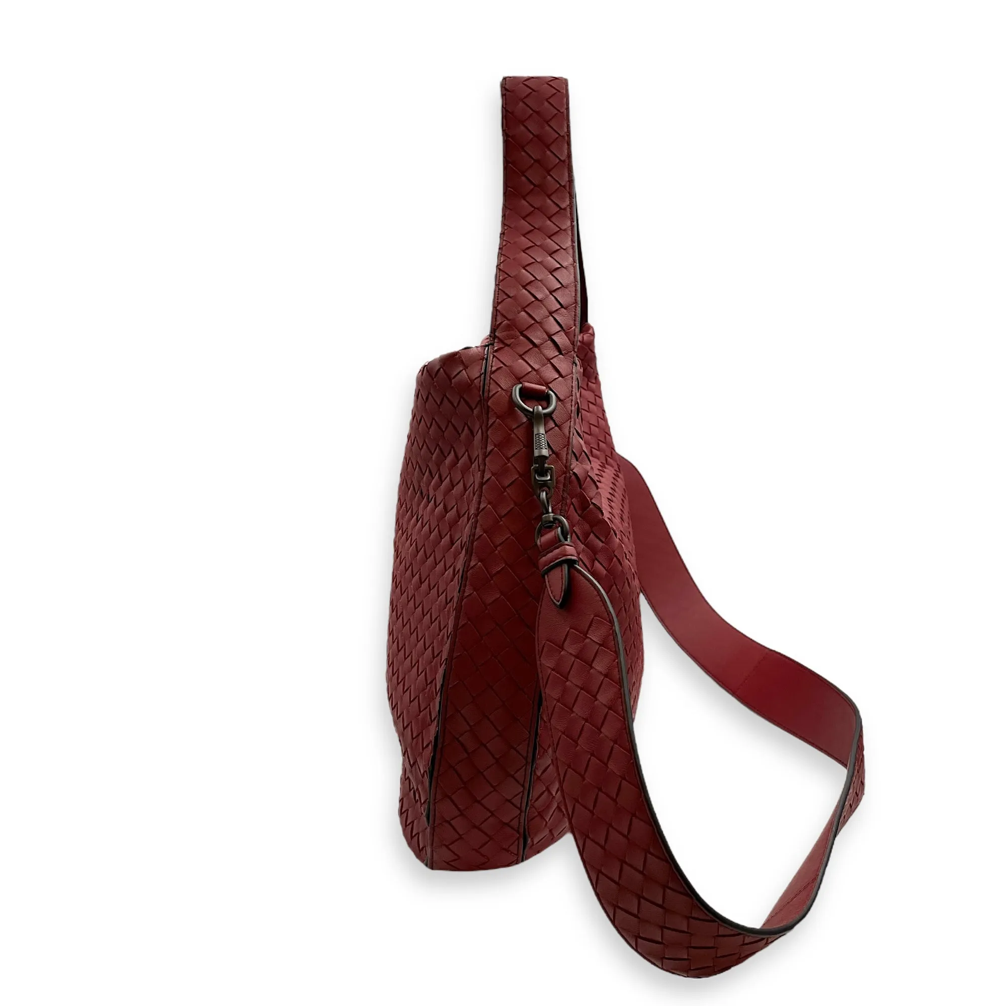 Intrecciato Borsa Baccara Grande Burgundy Hobo Bag in Nappa Leather, Ruthenium hardware