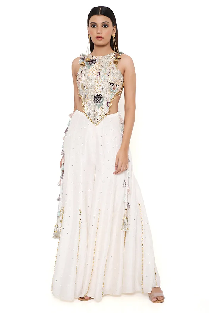 IRA OFF WHITE GEORGETTE EMBROIDERED CHOLI WITH ABLA SILK SHARARA