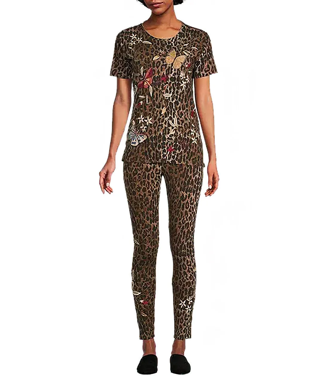Johnny Was Legging Penelope Leggings Leopard Embroidery Floral Pants Medium NEW