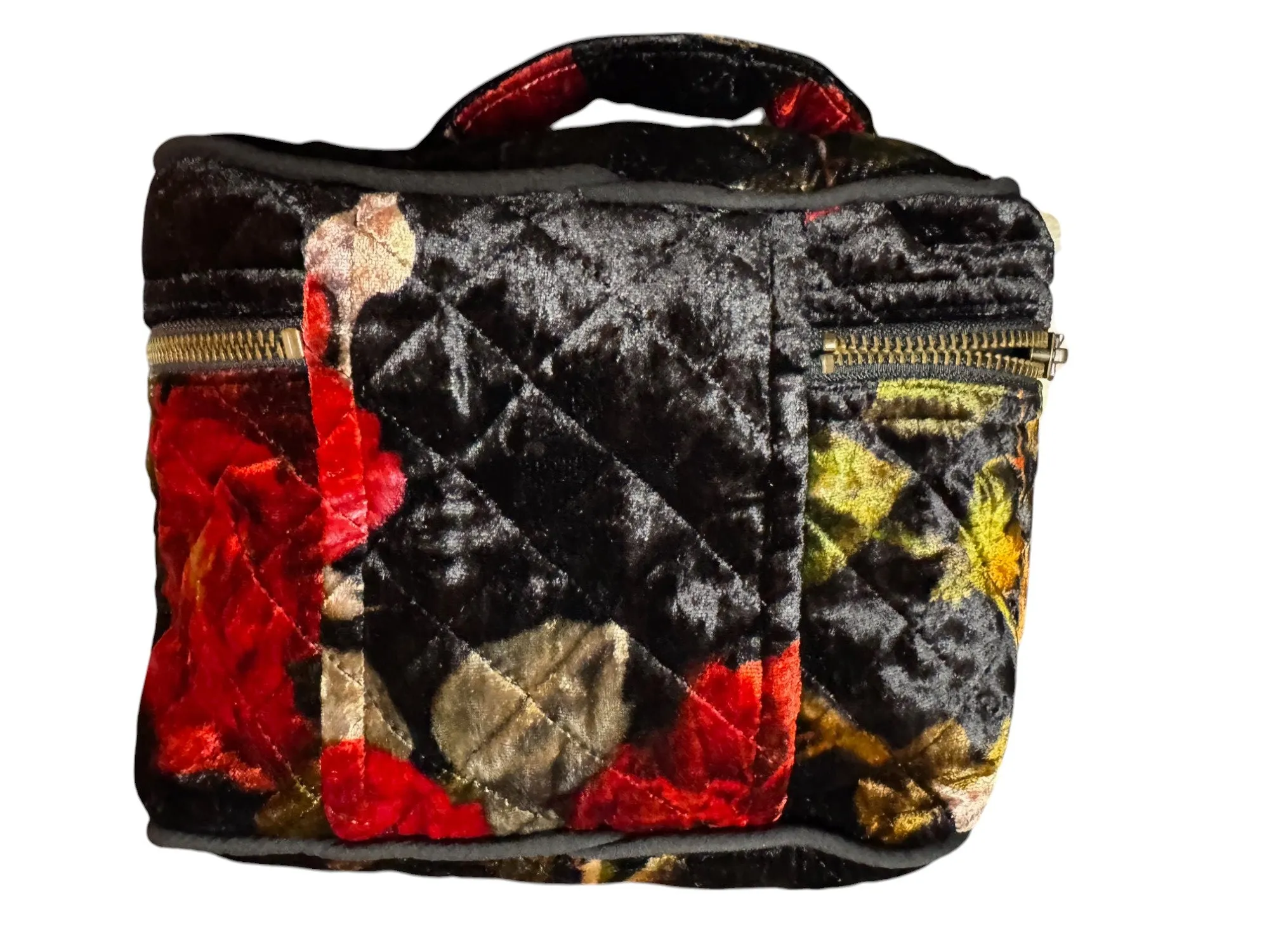 Johnny Was Rosana Makeup Bag Floral Velvet Red Flower Cosmetic Handbag Black NEW