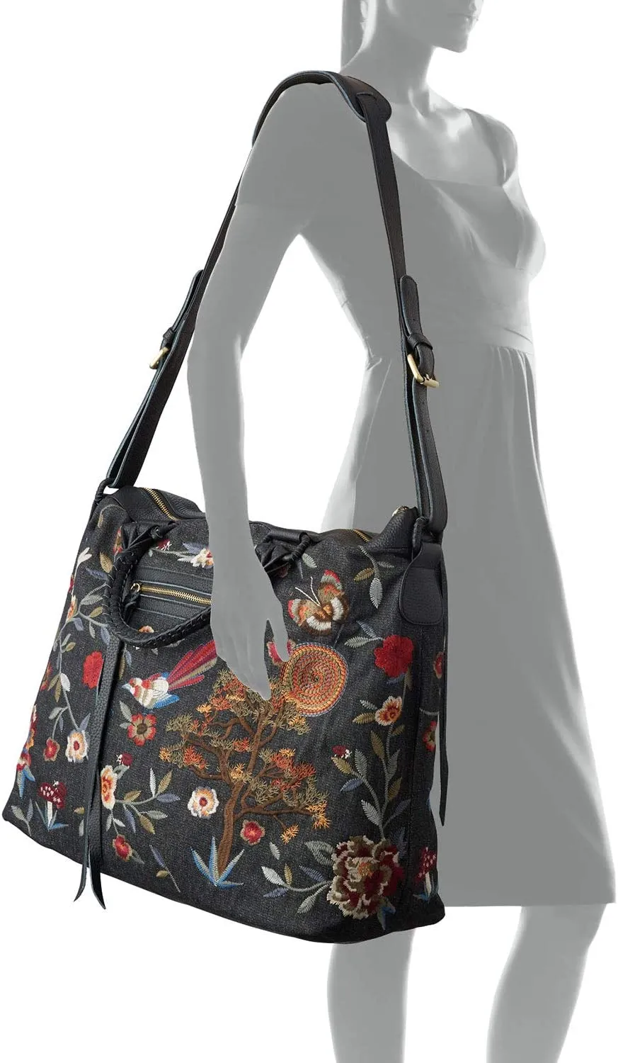Johnny Was Weekender Krysha Embroider Overnight Handbag Black Cotton Tote Bag NEW