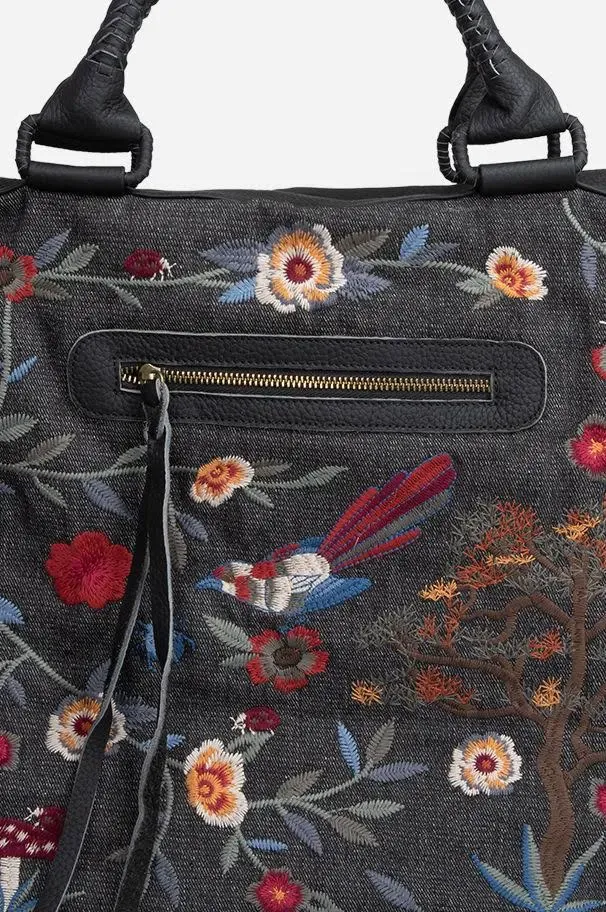Johnny Was Weekender Krysha Embroider Overnight Handbag Black Cotton Tote Bag NEW