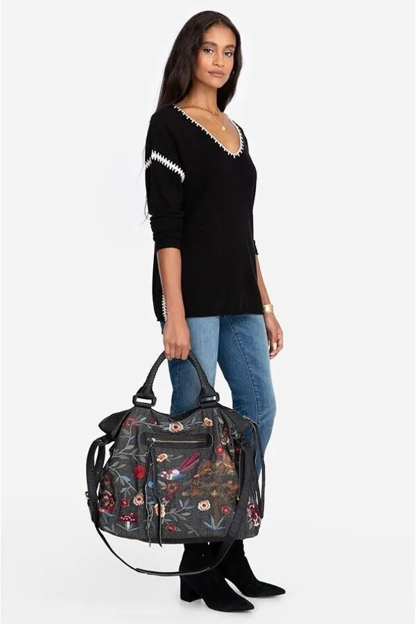 Johnny Was Weekender Krysha Embroider Overnight Handbag Black Cotton Tote Bag NEW
