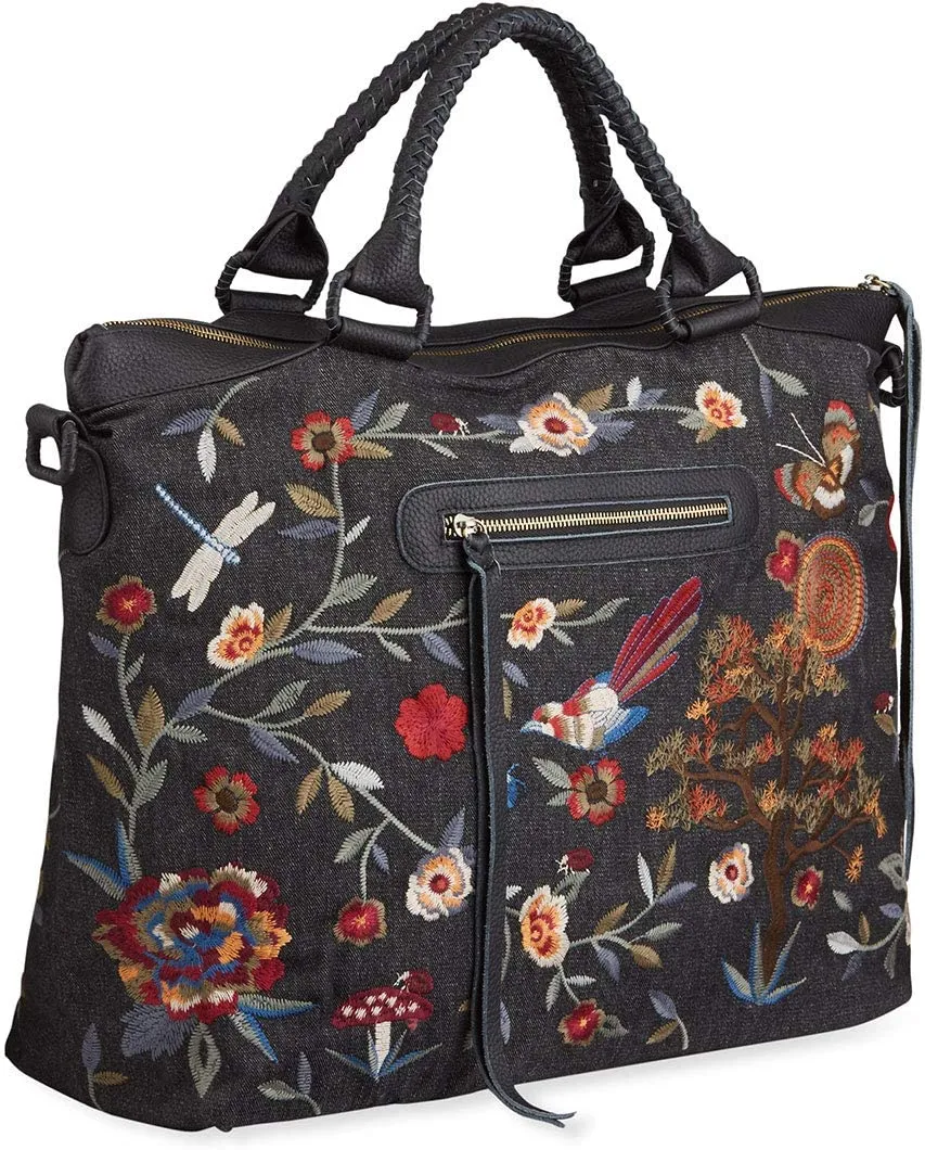 Johnny Was Weekender Krysha Embroider Overnight Handbag Black Cotton Tote Bag NEW