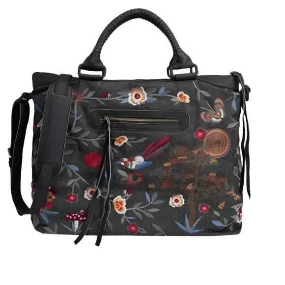 Johnny Was Weekender Krysha Embroider Overnight Handbag Black Cotton Tote Bag NEW