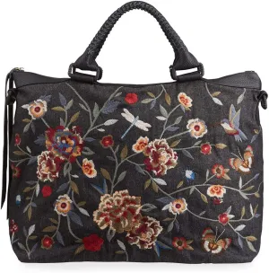 Johnny Was Weekender Krysha Embroider Overnight Handbag Black Cotton Tote Bag NEW