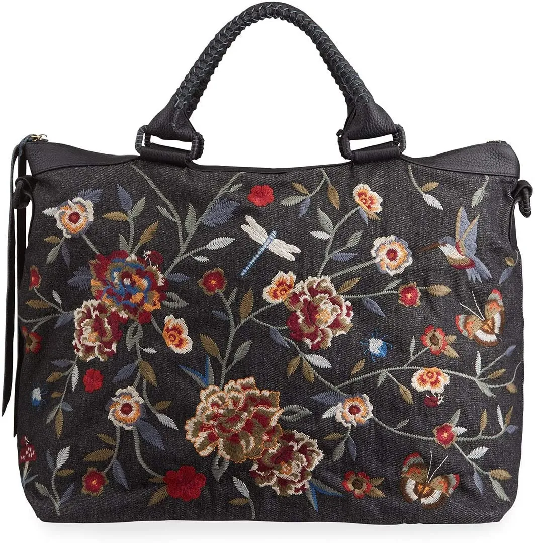 Johnny Was Weekender Krysha Embroider Overnight Handbag Black Cotton Tote Bag NEW