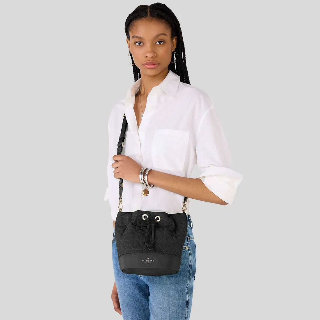 KATE SPADE Spade Flower Quilted Fabric Bucket Bag Black RB-KK076