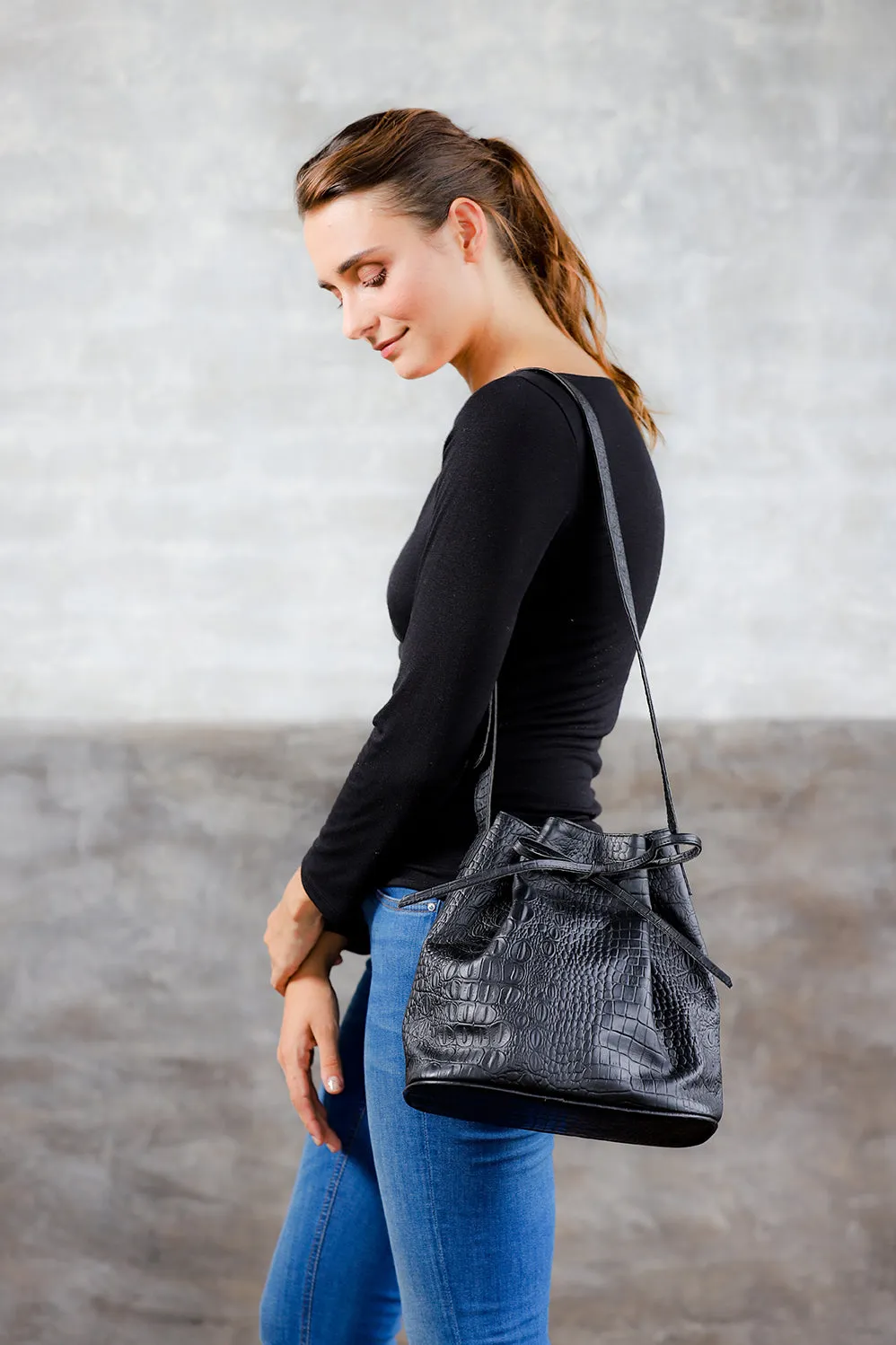 Lacy-Croco Embossed Genuine Leather Bucket Bag-Black