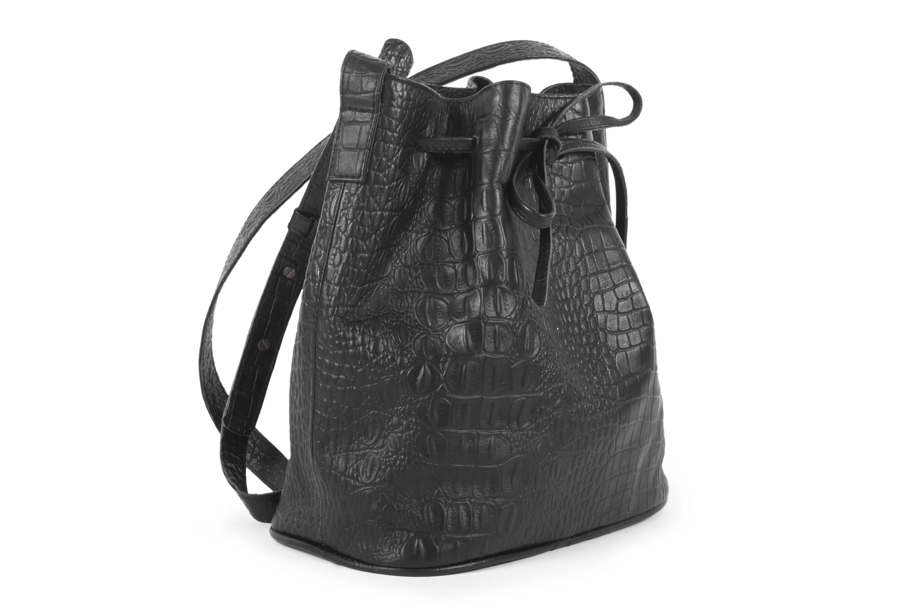 Lacy-Croco Embossed Genuine Leather Bucket Bag-Black