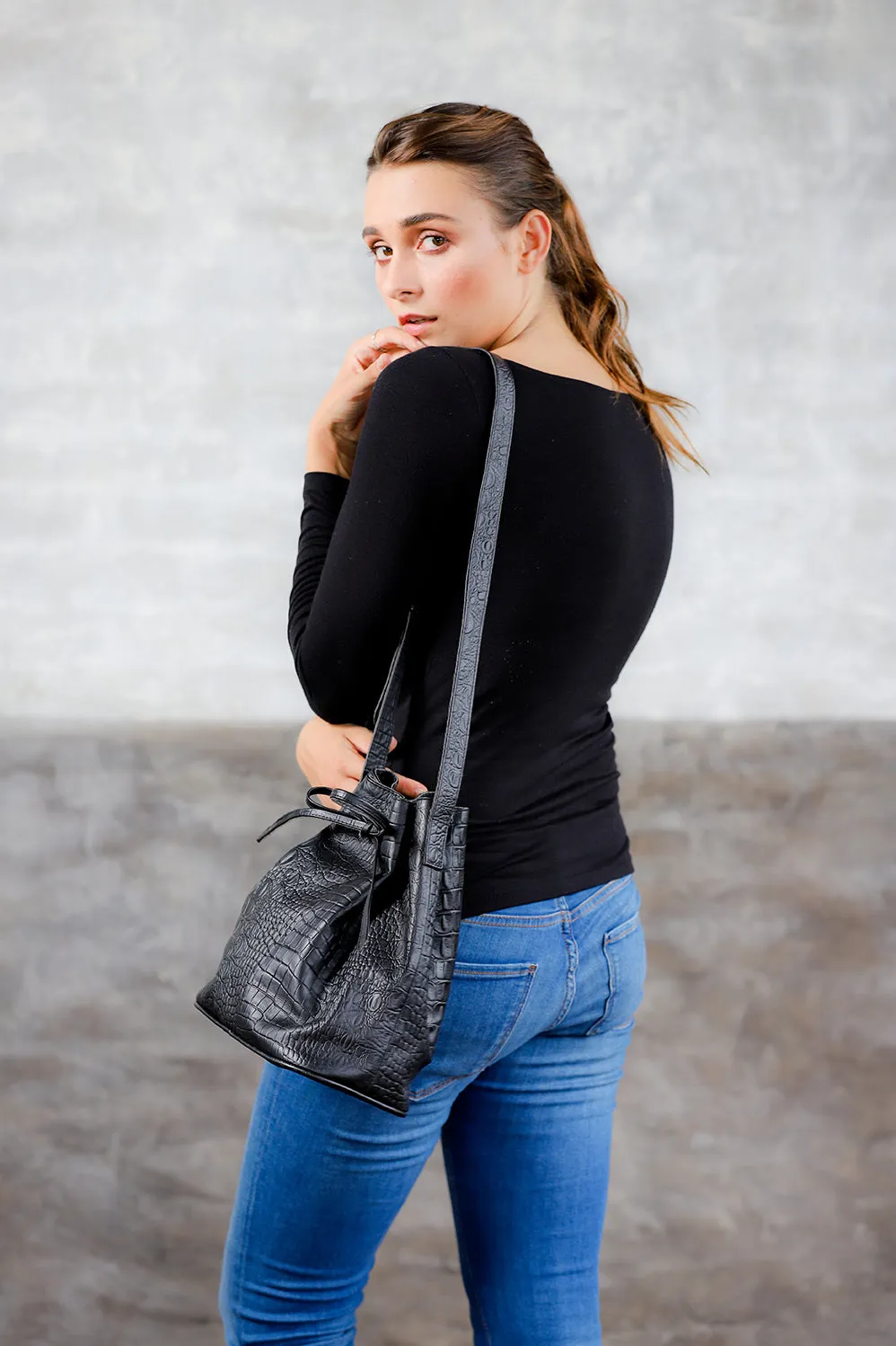Lacy-Croco Embossed Genuine Leather Bucket Bag-Black