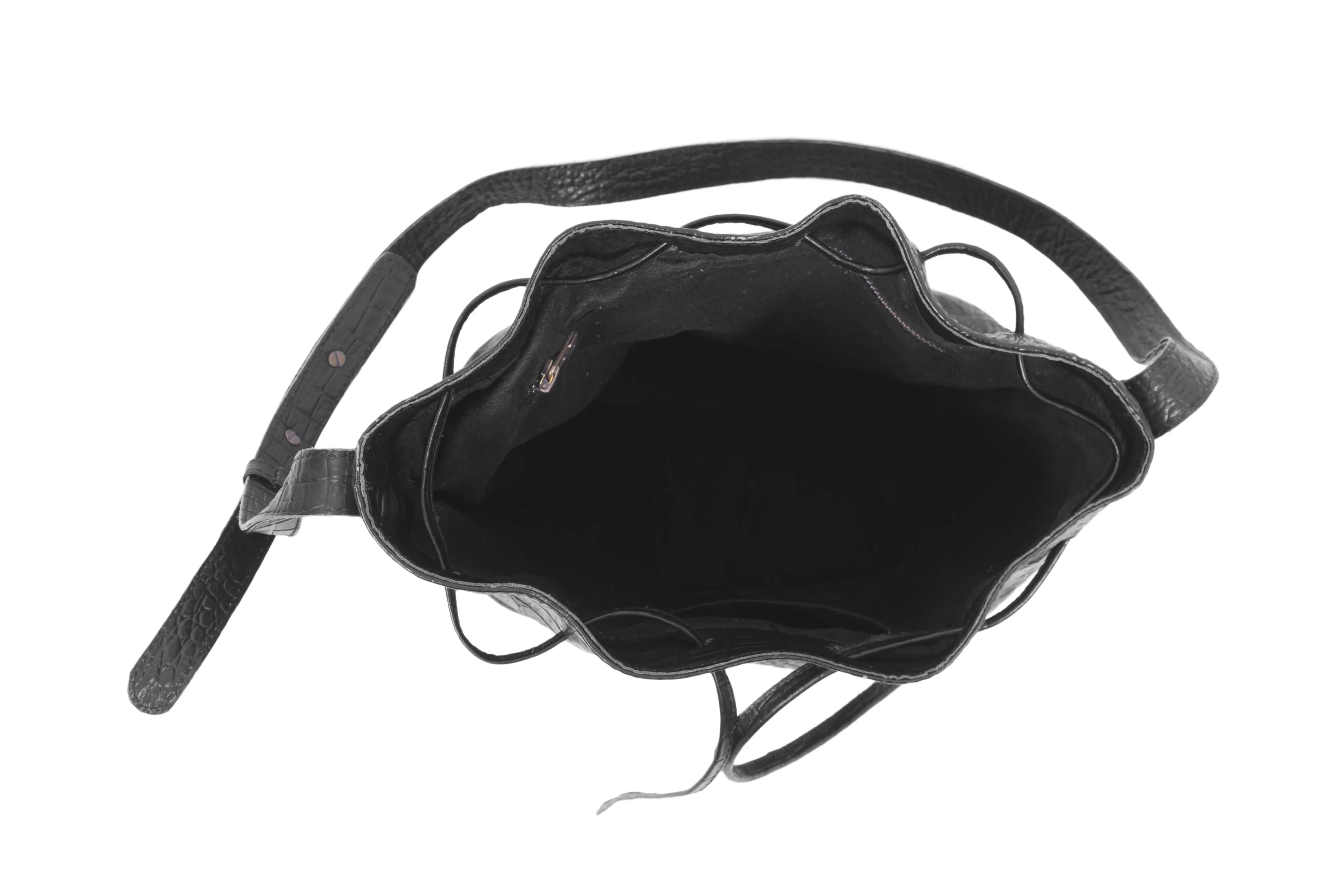 Lacy-Croco Embossed Genuine Leather Bucket Bag-Black