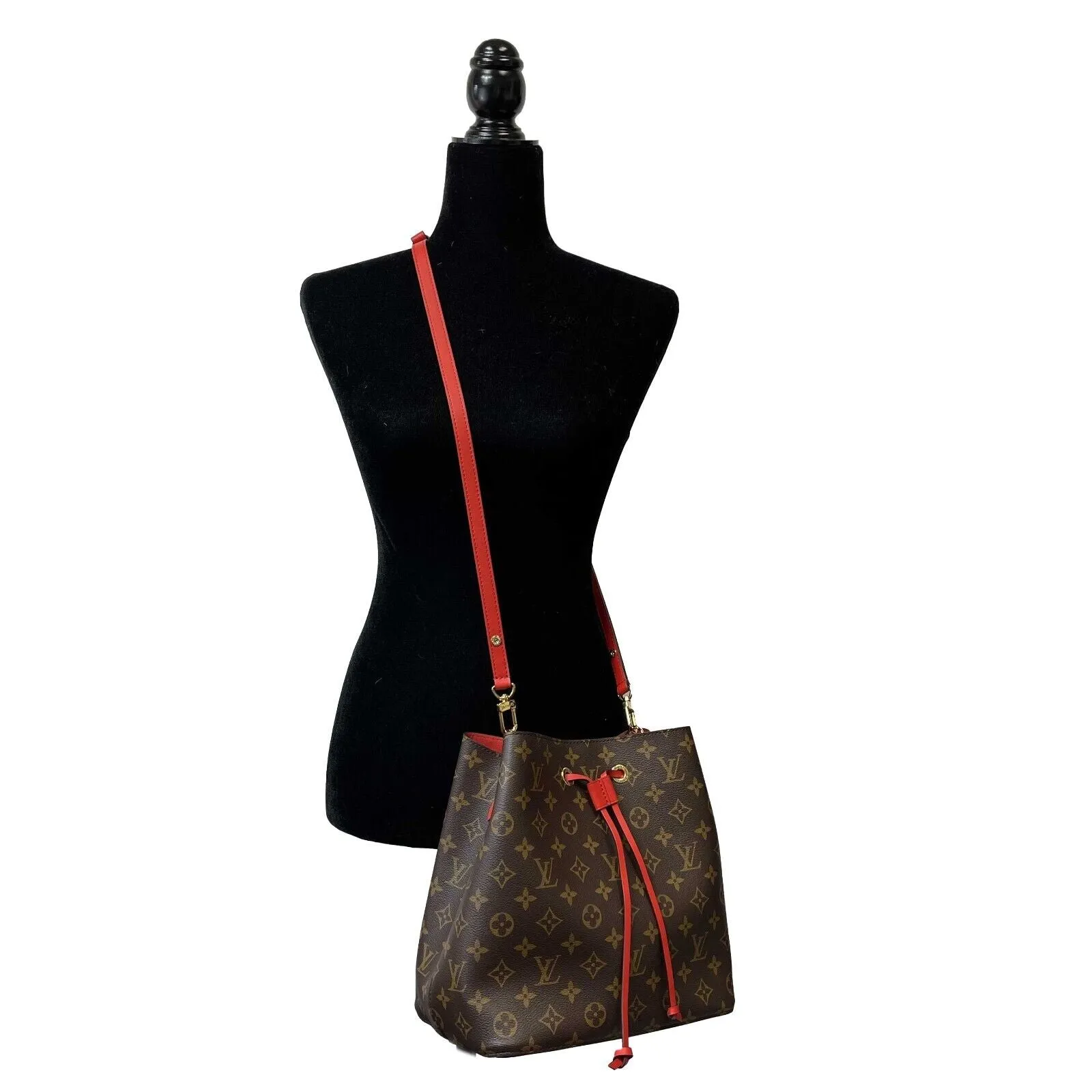 Louis Vuitton - Neo Noe MM - Brown and Red Coated Canvas Monogram Shoulder Bag