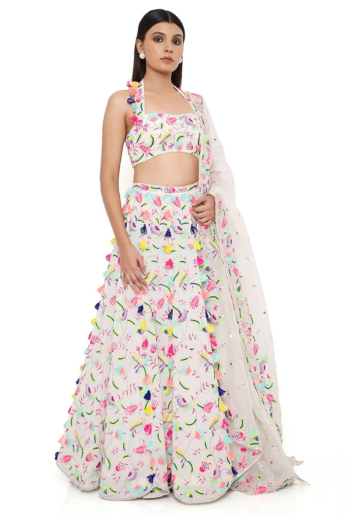 MAHIRA STONE GEORGETTE EMBROIDERED HALTER TOP AND LEHENGA WITH MUKAISH ORGANZA DUPATTA