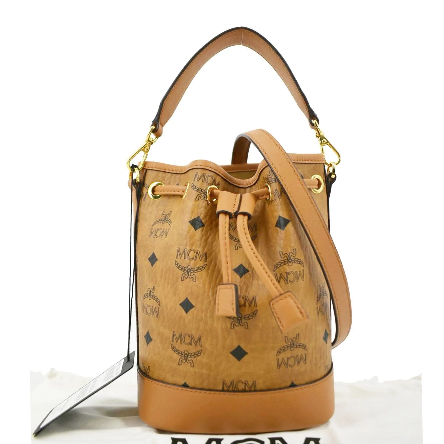 MCM Drawstring Visetos Canvas Bucket Bag Cognac