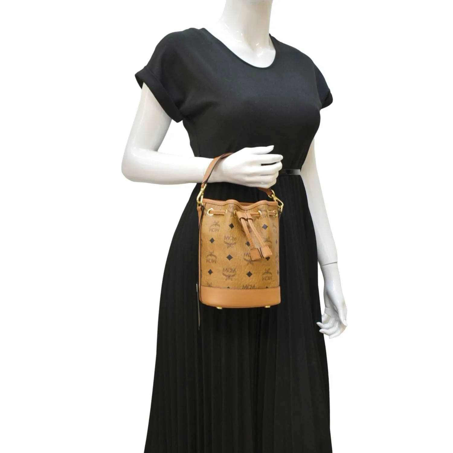 MCM Drawstring Visetos Canvas Bucket Bag Cognac
