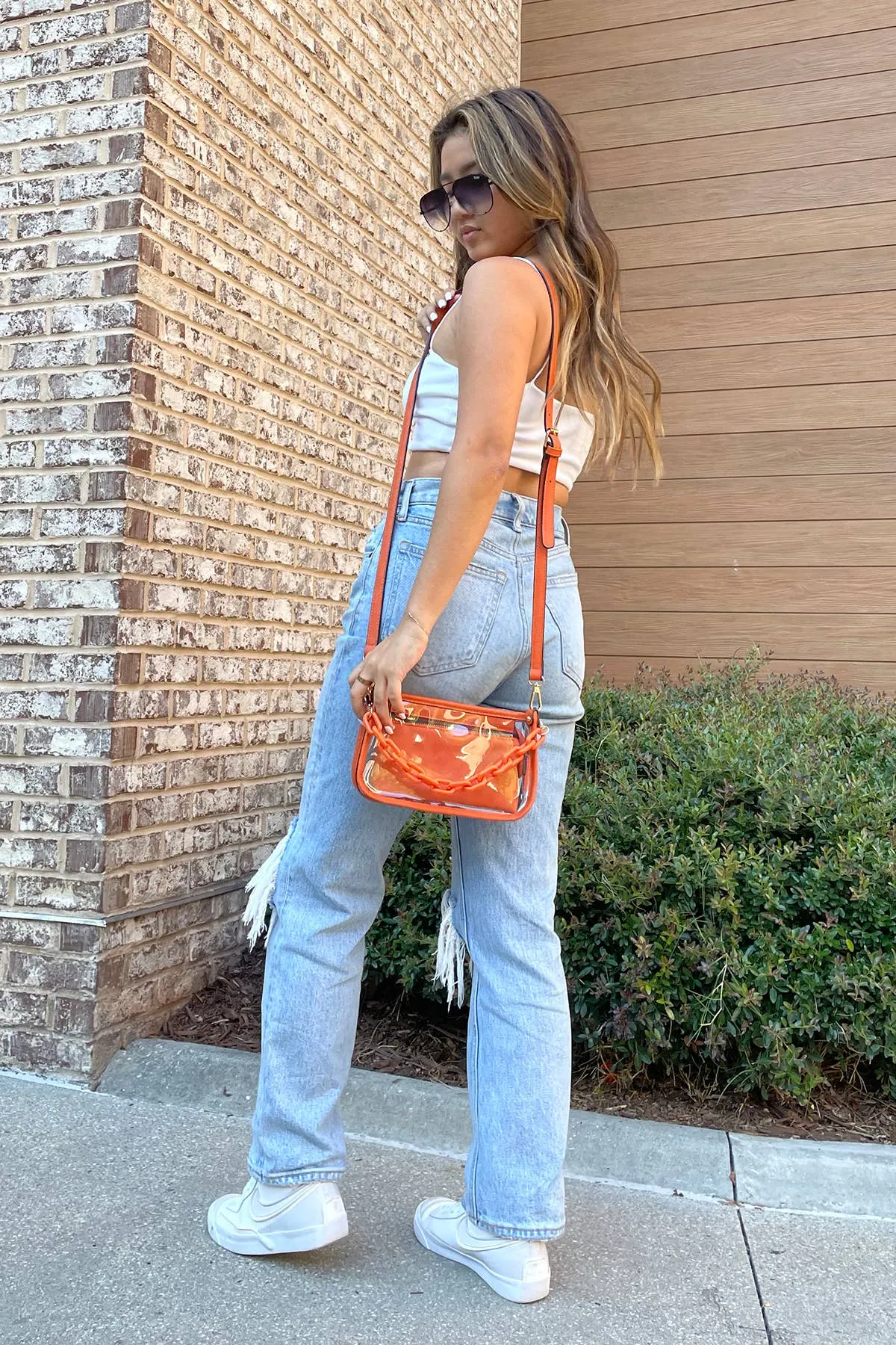 Metallic Red Jessica Clear Crossbody w/ Chain