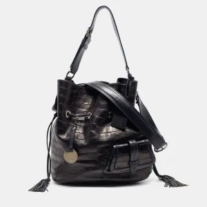 Metallic/Navy Blue Croc Embossed Leather Large Premier Flirt Bucket Bag
