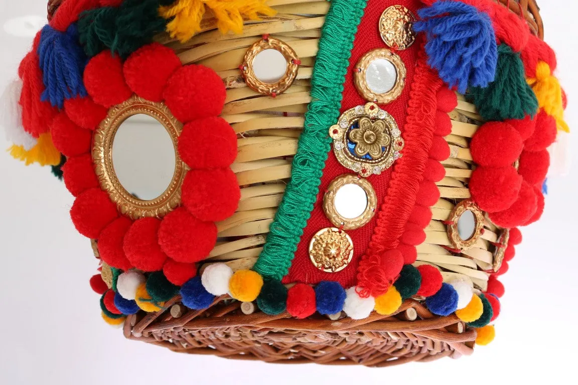 Multicolor AGNESE Straw Crystal  Pom Pom Bag