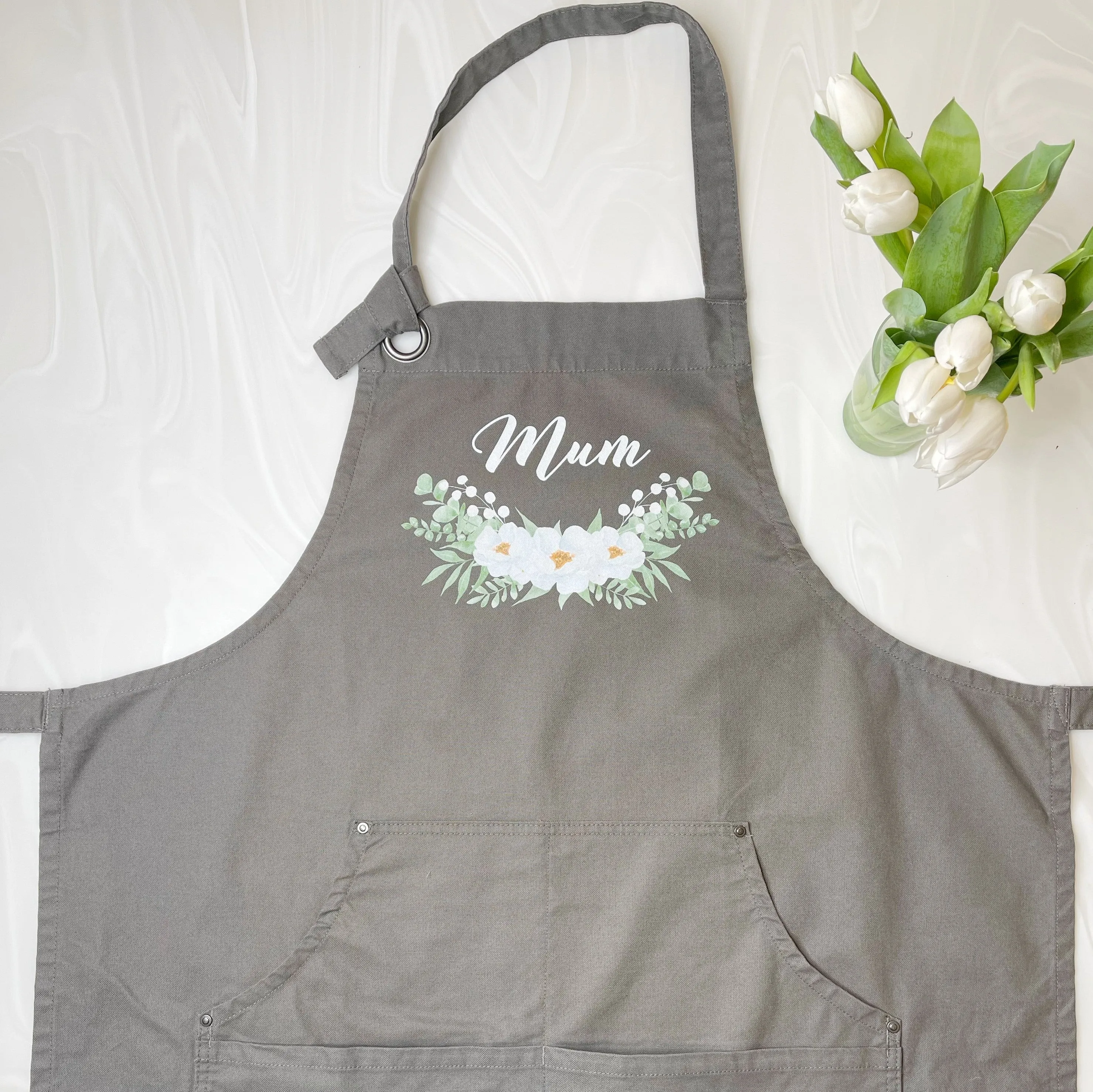 Mum Floral Dark Grey Cotton Canvas Apron