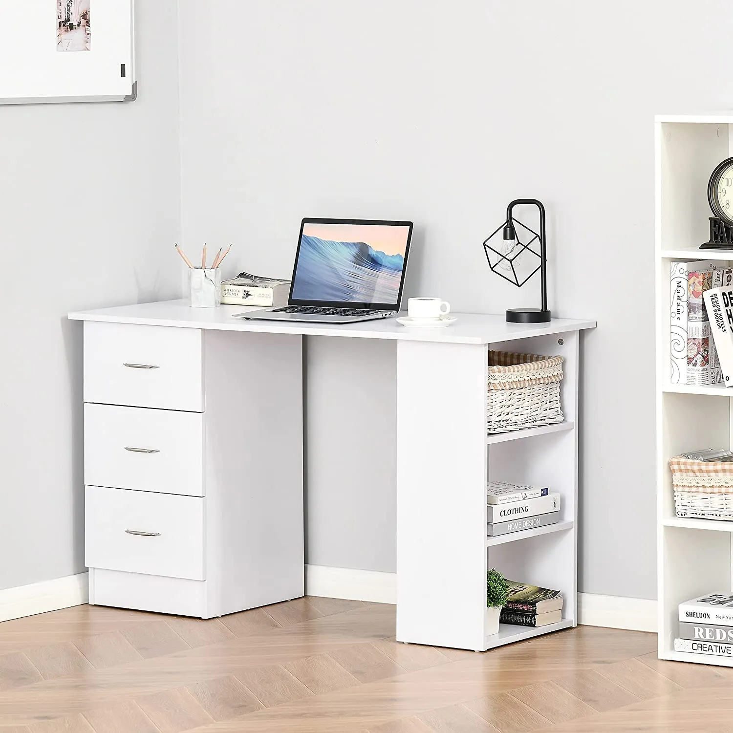 New in box! HOMCOM Computer Desk with 3-Tier Storage Shelves, 47 Inches Home Office Desk with Drawers, Study Writing Table, White! Retails $306 w/tax!
