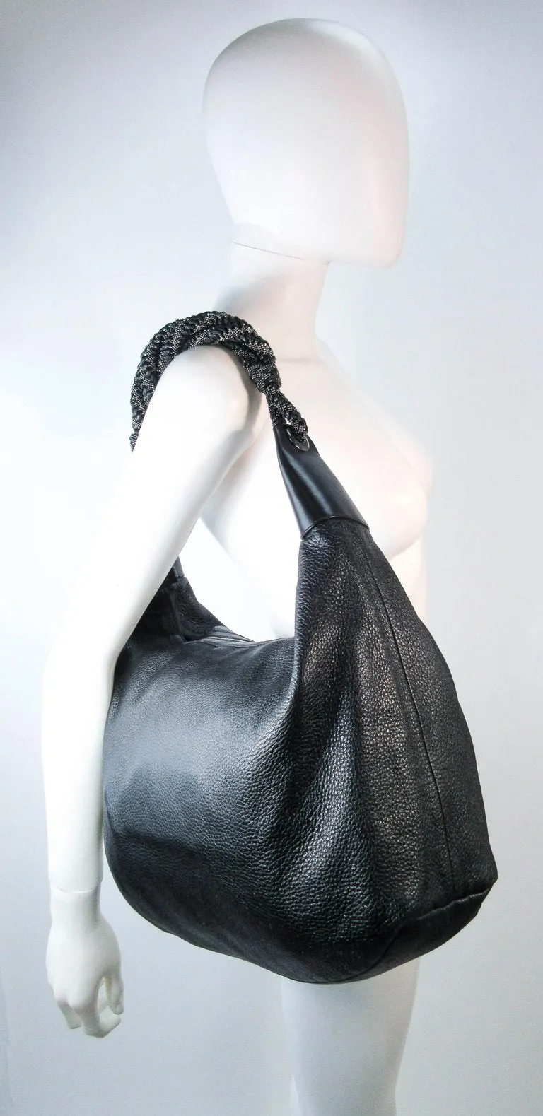 OSCAR DE LA RENTA Large Black Leather Hobo with Beaded Strap