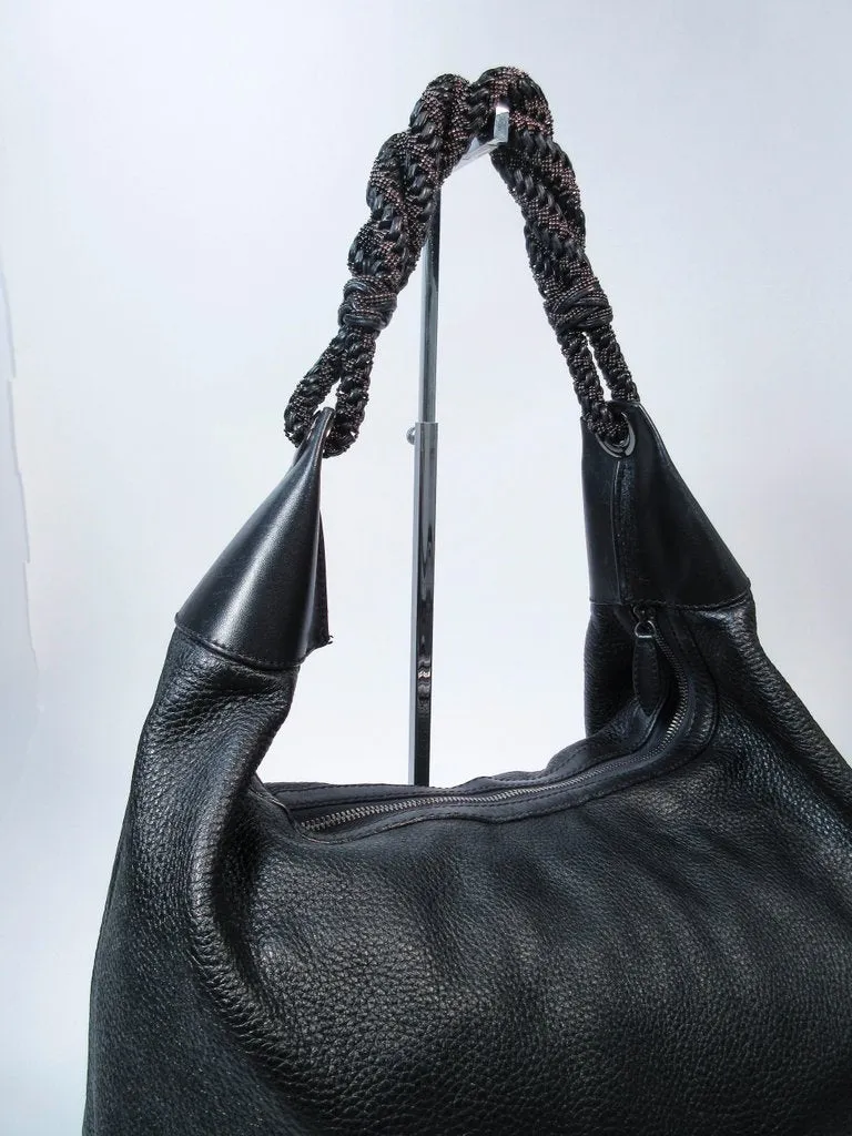 OSCAR DE LA RENTA Large Black Leather Hobo with Beaded Strap