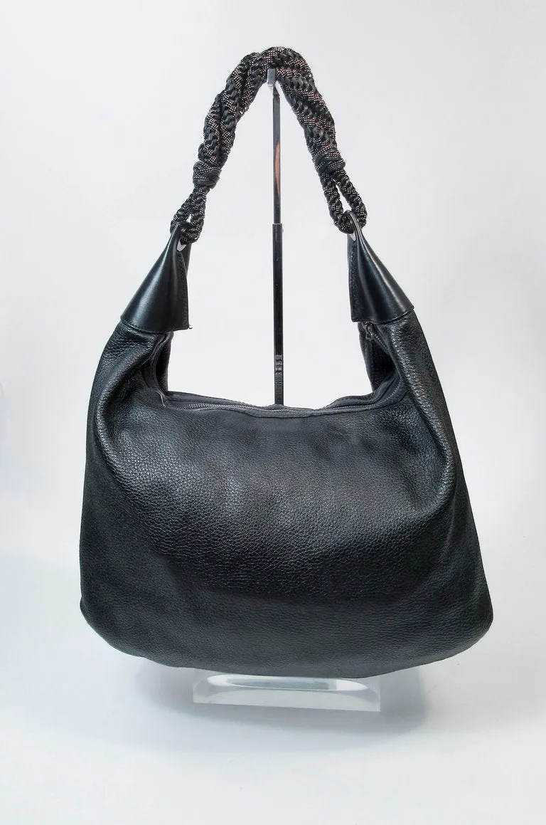OSCAR DE LA RENTA Large Black Leather Hobo with Beaded Strap