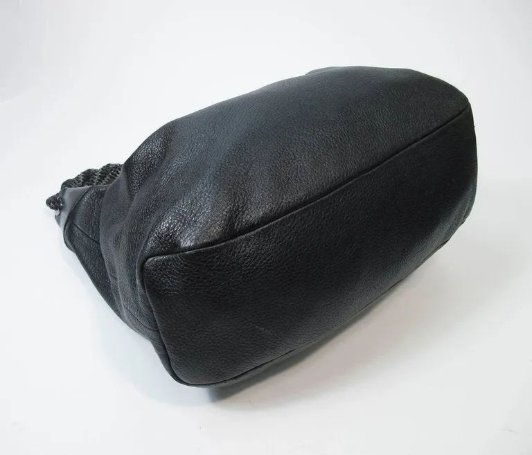 OSCAR DE LA RENTA Large Black Leather Hobo with Beaded Strap