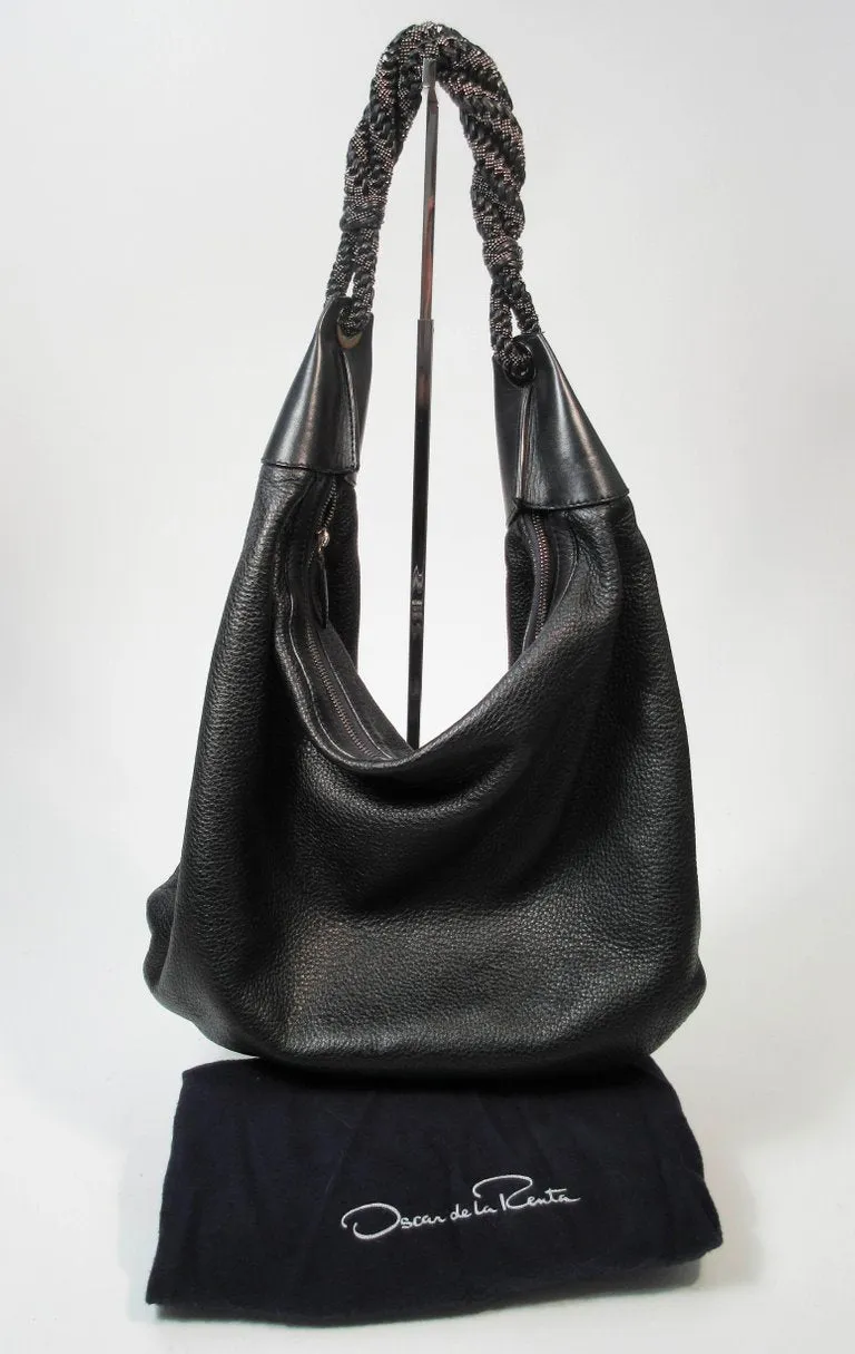 OSCAR DE LA RENTA Large Black Leather Hobo with Beaded Strap
