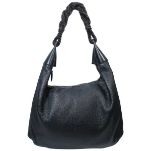 OSCAR DE LA RENTA Large Black Leather Hobo with Beaded Strap