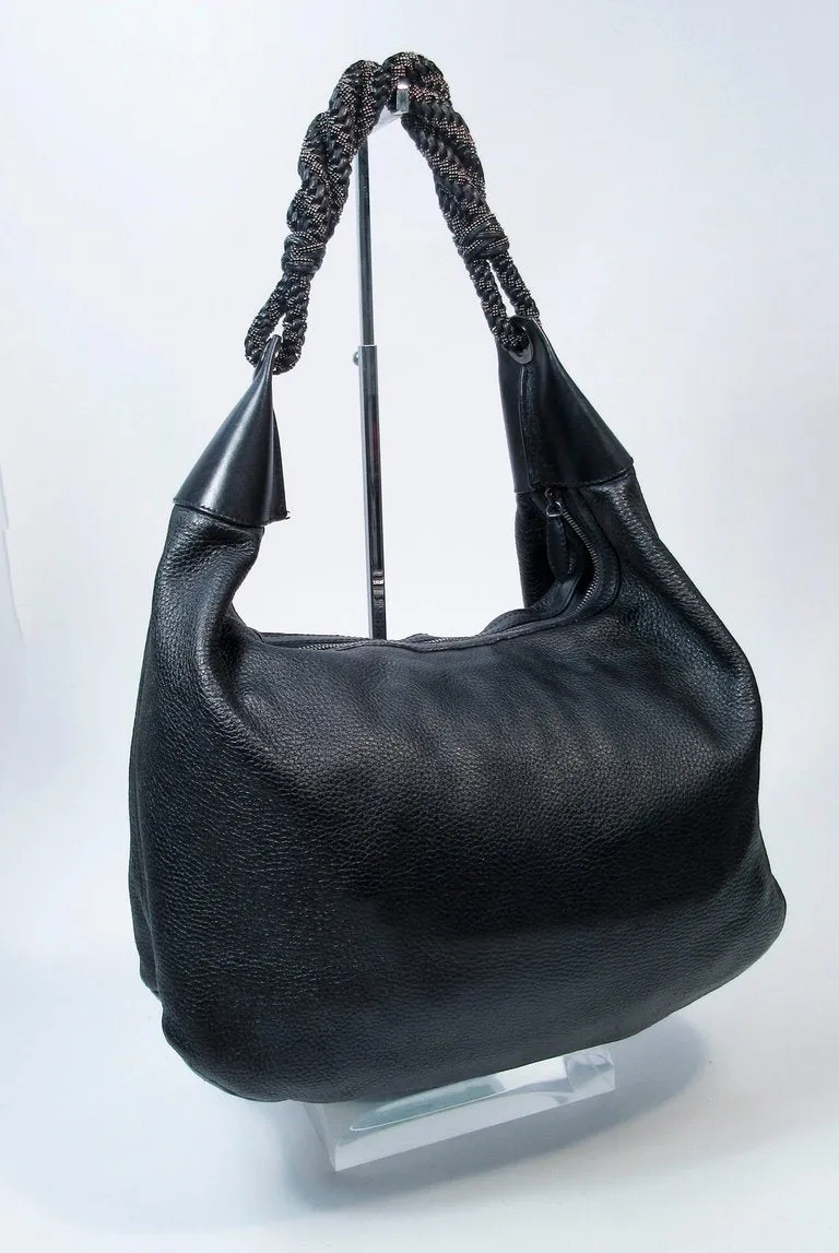 OSCAR DE LA RENTA Large Black Leather Hobo with Beaded Strap
