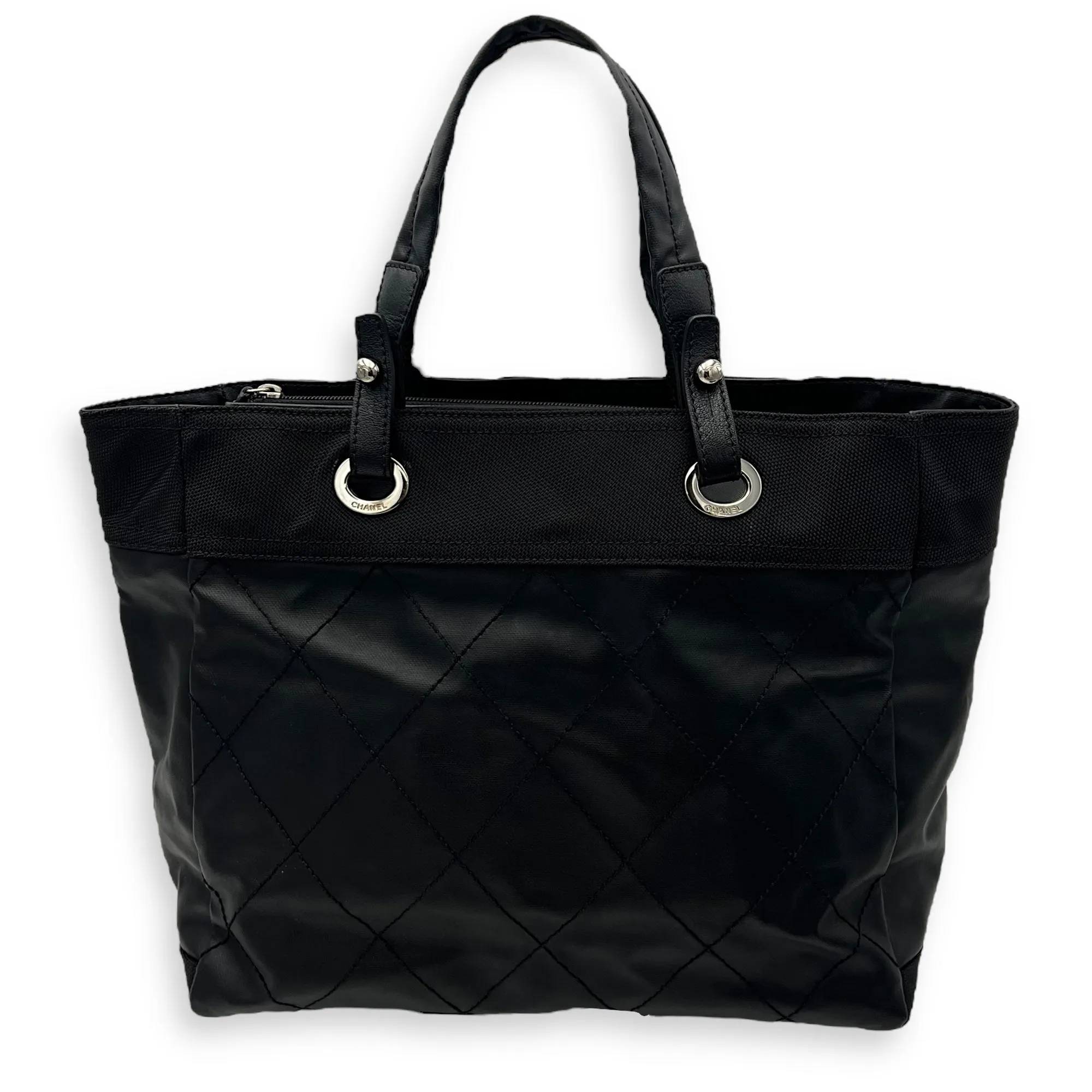 Paris Biarritz Large Black Tote Bag in Coated Canvas, Silver hardware