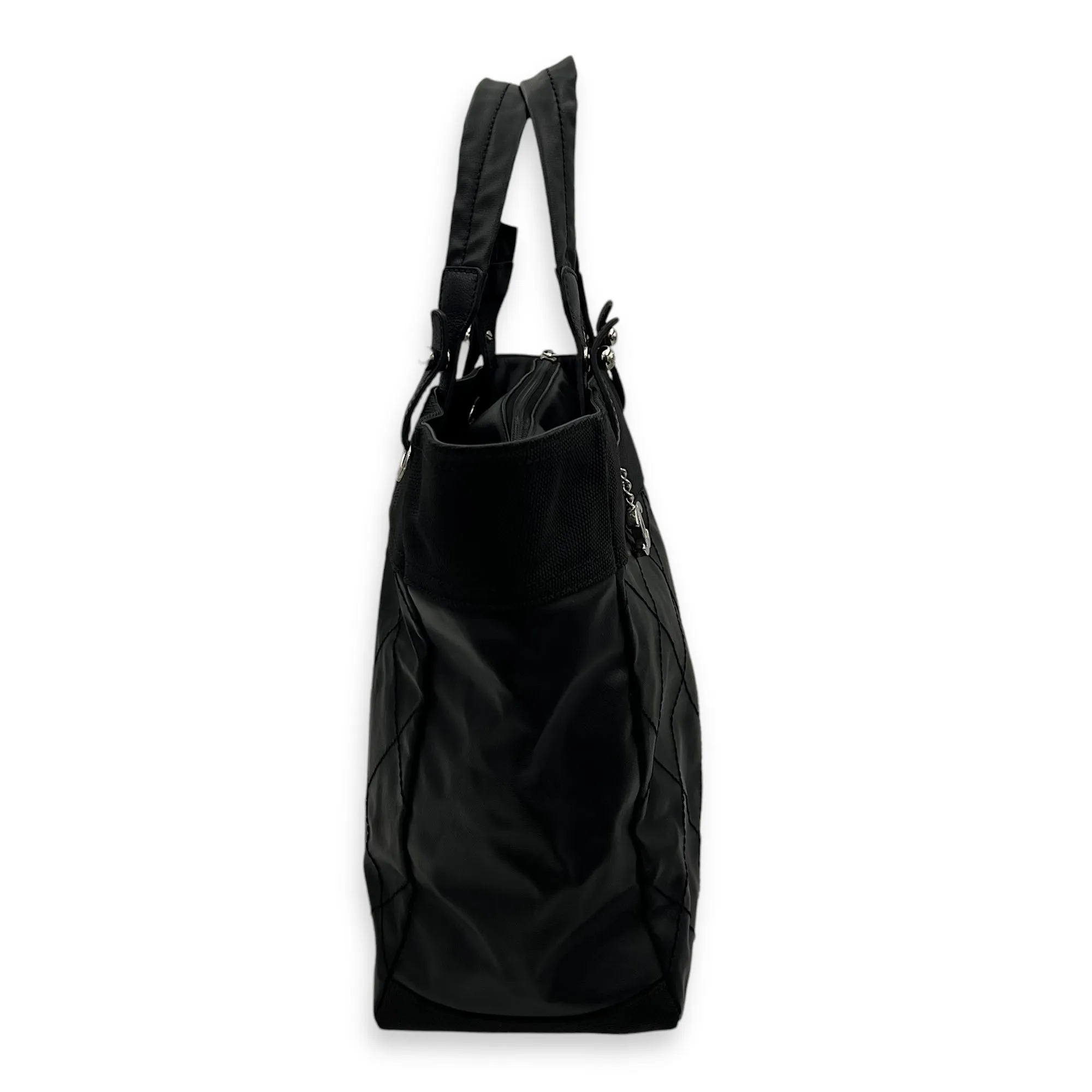 Paris Biarritz Large Black Tote Bag in Coated Canvas, Silver hardware