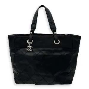 Paris Biarritz Large Black Tote Bag in Coated Canvas, Silver hardware