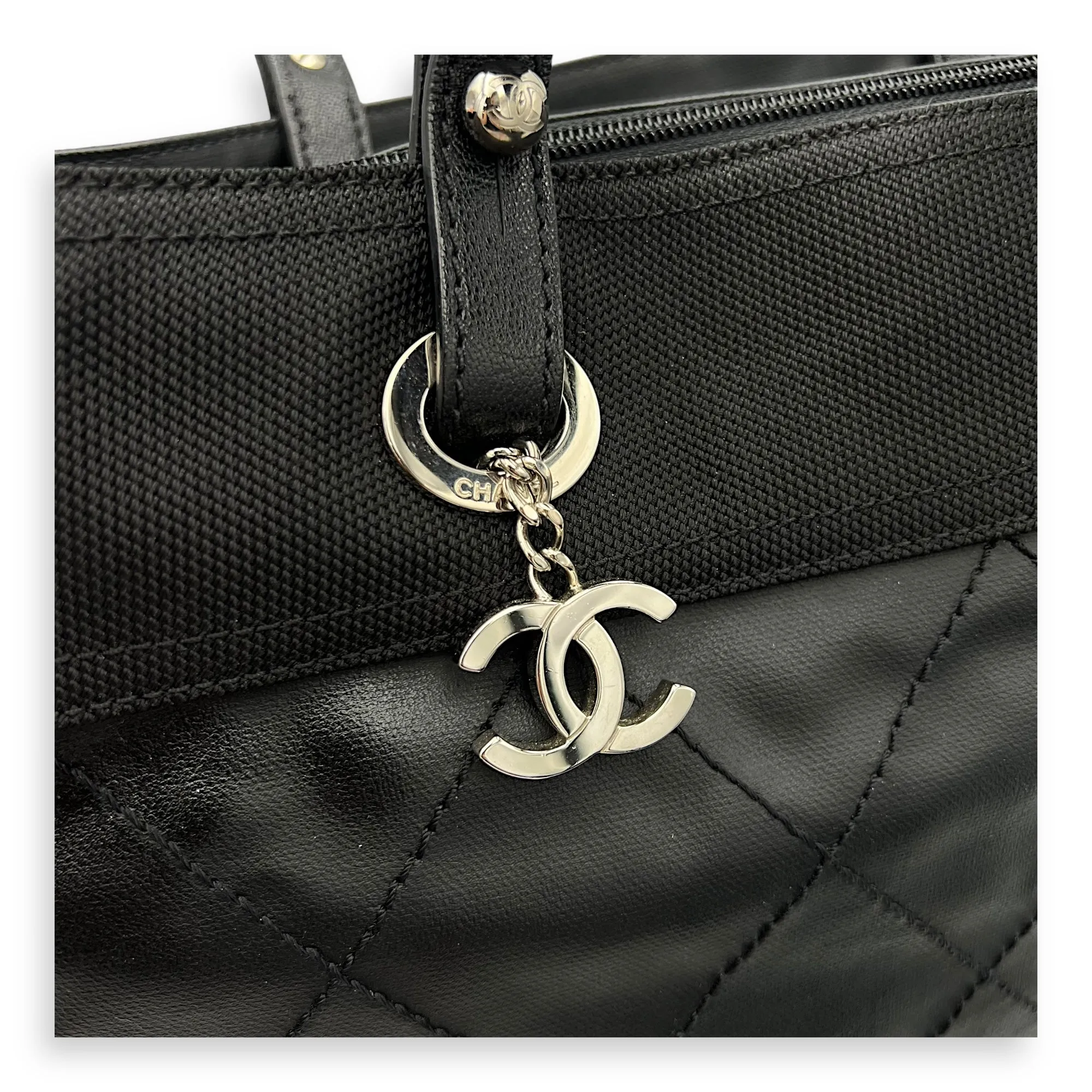 Paris Biarritz Large Black Tote Bag in Coated Canvas, Silver hardware