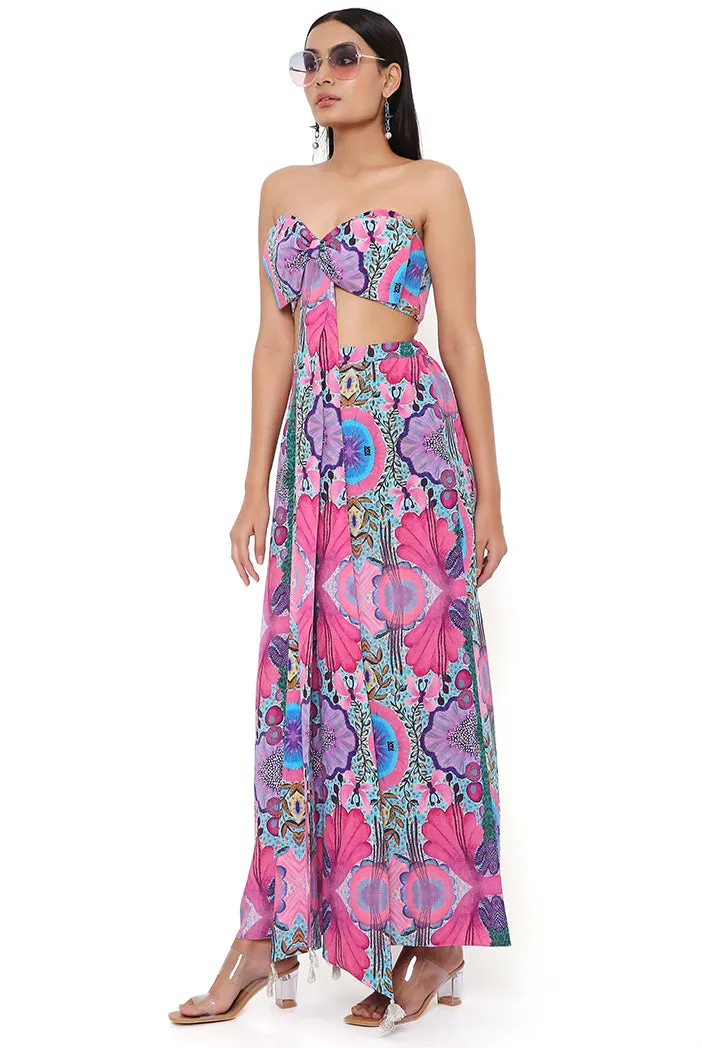 PINK ENCHANTED PRINT CREPE BOW TUBE AND PALAZZO PANT