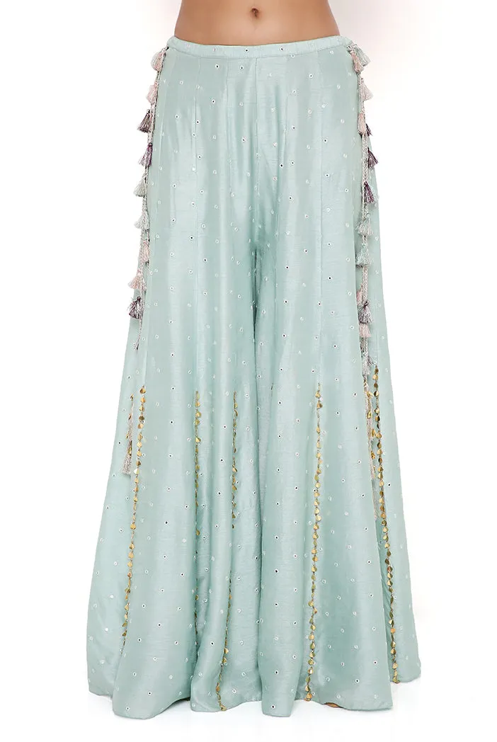 POWDER BLUE GEORGETTE EMBROIDERED CHOLI WITH ABLA SILK SHARARA