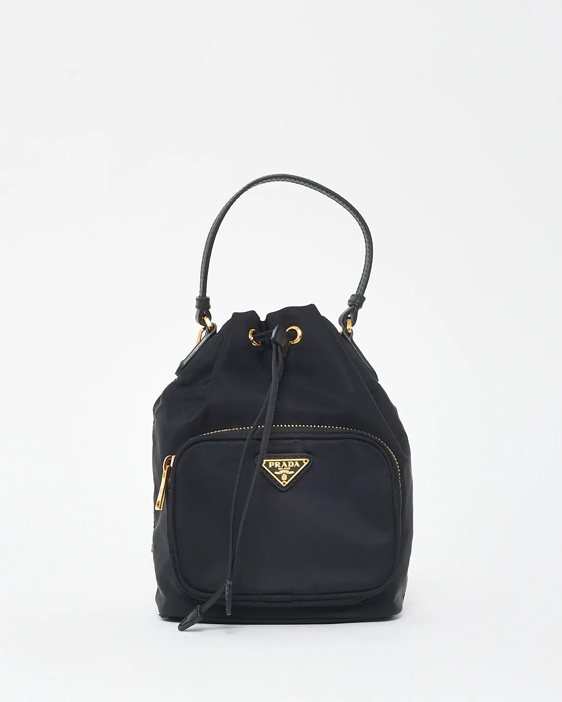 Prada Black Nylon Duet Drawstring Logo Crossbody Bucket Bag