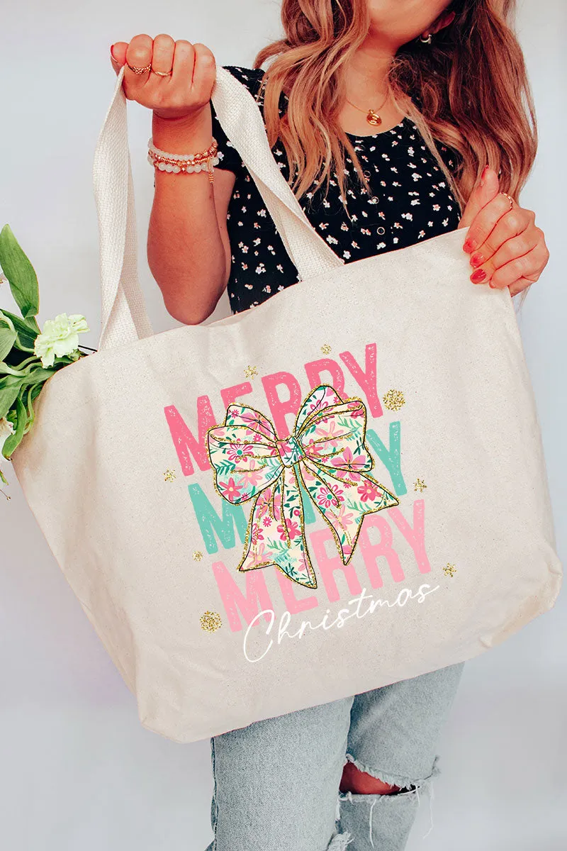 Preppy Blossom Merry Christmas Canvas Jumbo Tote